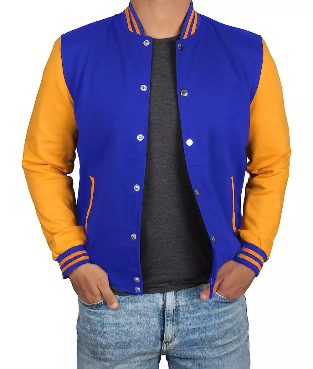 Men’s Royal Blue Baseball Jacket – Yellow Sleeve Varsity Bomber